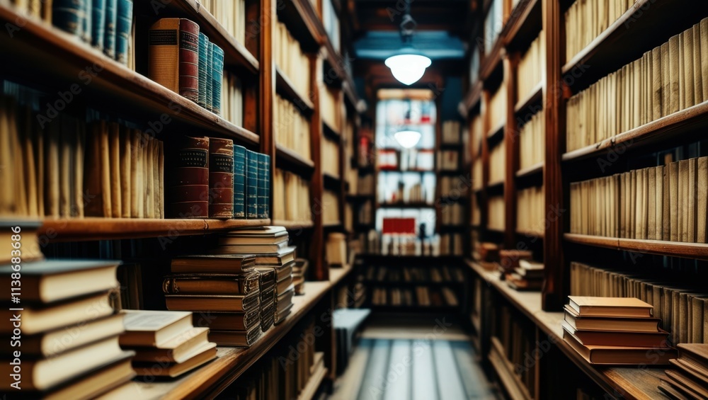 Obraz premium old library, rows of bookshelves, wooden ladders, antique books, warm lighting, arched ceiling, cozy atmosphere, narrow aisle, leather-bound tomes, scholarly ambiance, historic archives, dusty volumes