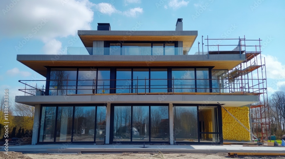 Modern house under construction, with large glass windows. Modern house under construction, with large glass windows.