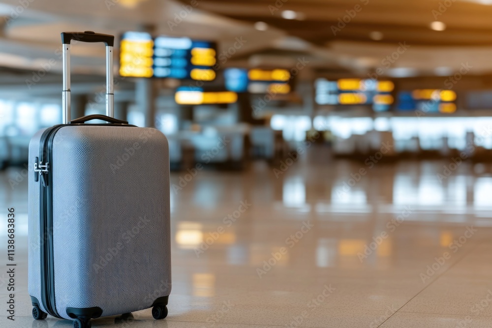 Modern gray suitcase in airport terminal with departure boards Modern gray suitcase in airport terminal with departure boards