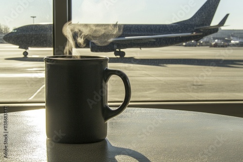 Steaming coffee mug in airport terminal with plane taxiing in background photo