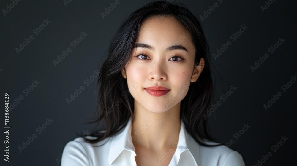 Smiling Asian woman portrait against dark background. Smiling Asian woman portrait against dark background.
