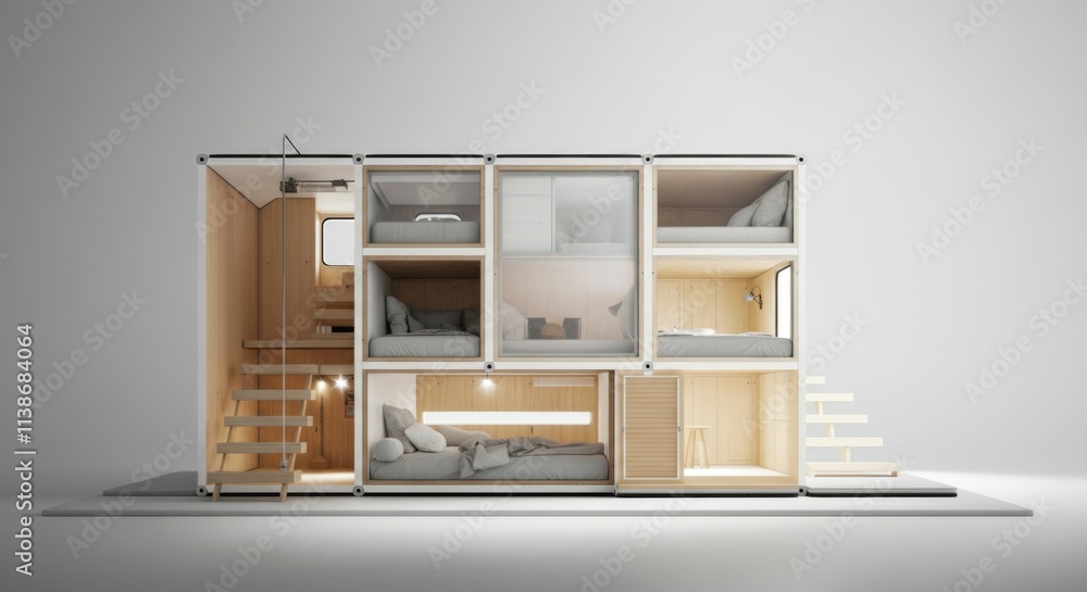 Modern modular tiny house interior with minimalist design Modern modular tiny house interior with minimalist design