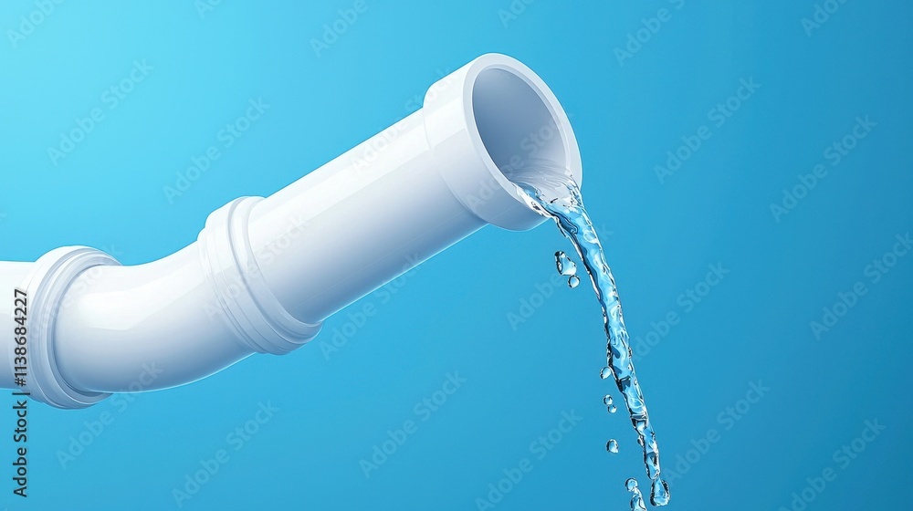 Water Flowing from a White Pipe Against a Blue Background Water Flowing from a White Pipe Against a Blue Background