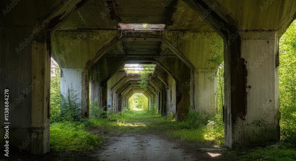 Abandoned concrete tunnel overgrown with lush greenery in sunlight Abandoned concrete tunnel overgrown with lush greenery in sunlight