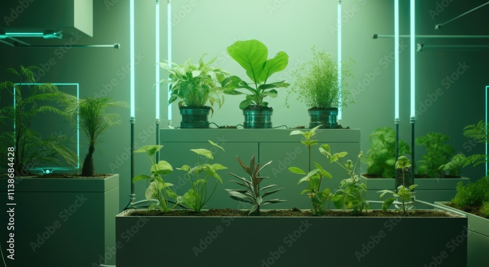 Fototapeta premium Modern indoor garden with diverse plants and neon lighting
