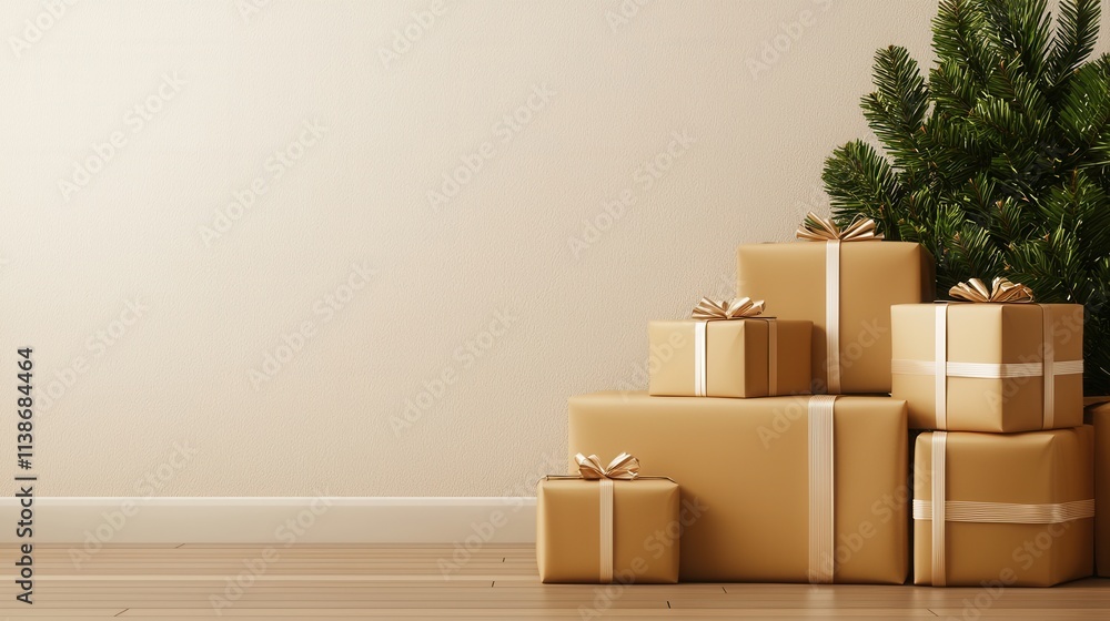 Elegant Holiday Gift Boxes Arranged Beside a Christmas Tree Elegant Holiday Gift Boxes Arranged Beside a Christmas Tree