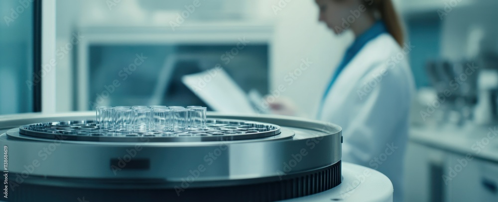Female scientist works with lab equipment and glass vials. Female scientist works with lab equipment and glass vials.