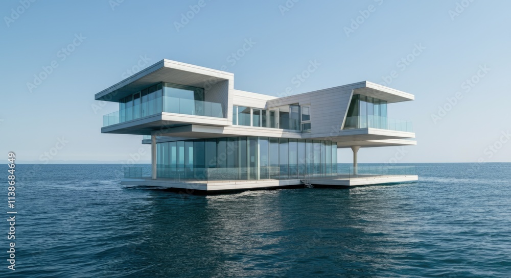 Modern floating house with glass walls on ocean Modern floating house with glass walls on ocean
