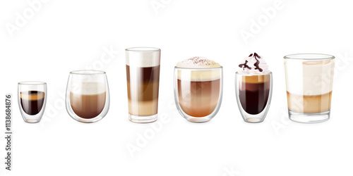 Realistic coffee glass cups. Irish coffe with cream foam or double espresso in glasses cup, macchiato milk latte hot ice morning breakfast drink, 3d set exact vector illustration