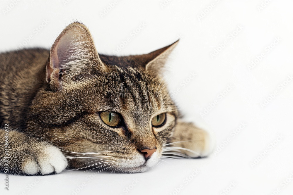 Serene tabby cat resting on white background Serene tabby cat resting on white background