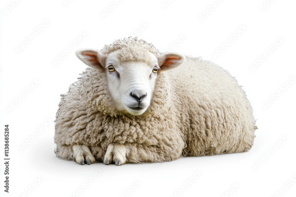 Fototapeta premium Fluffy sheep resting on white background