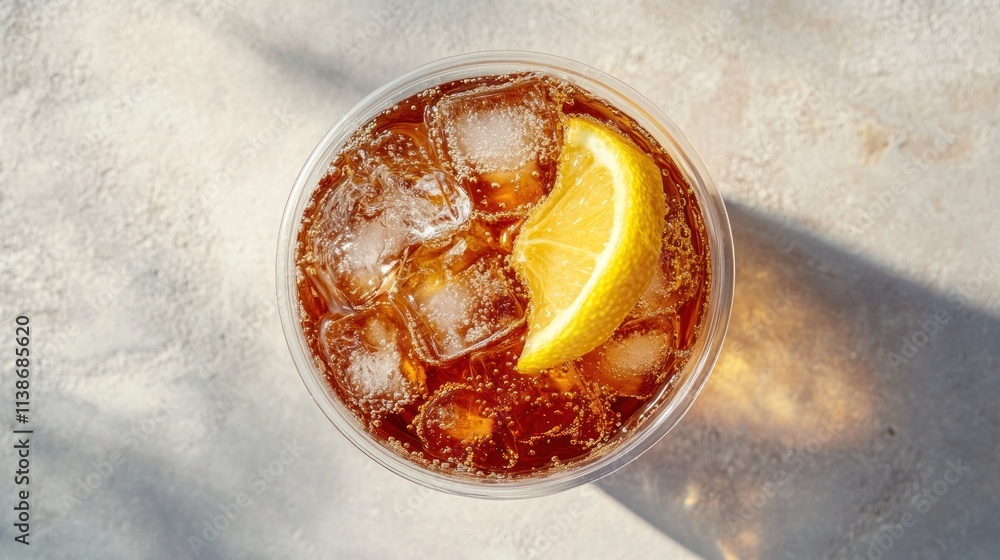 Iced tea with lemon slice, top view. Iced tea with lemon slice, top view.