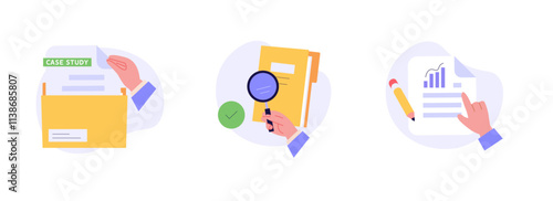 People studying information, facts. Set of case study, searching business information, analyze of product features. Vector illustration set in flat design for web banner