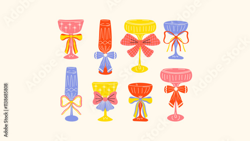 Set of festive glasses for alcoholic cocktails of different forms. Decorative elegant faceted glasses on legs with ribbons and bows. New Year's stickers of the holiday and fun. Container for drink