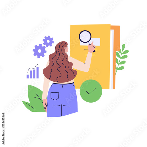 Woman studying information, facts. Concept of case study, searching business information, analyze of product features. Vector illustration in flat design for web banner