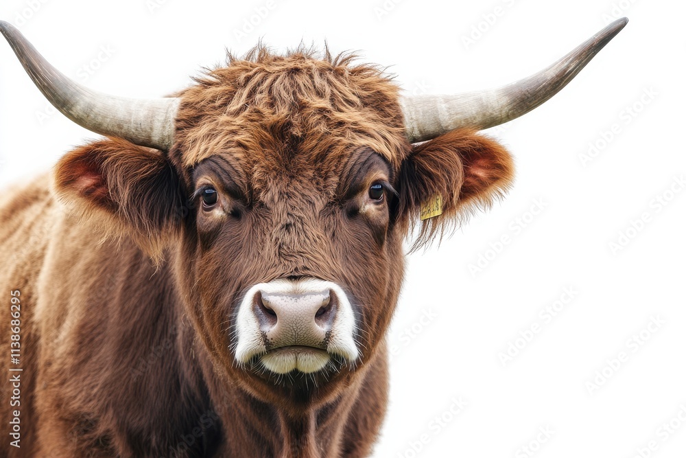 Close-up of a brown bull against a white background. Close-up of a brown bull against a white background.
