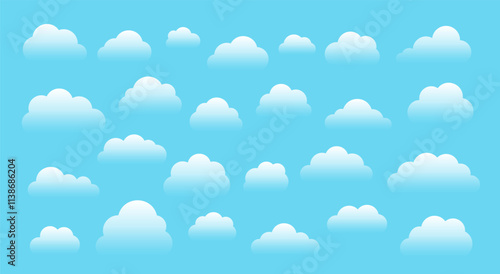 Gradient cloud set in flat style. White clouds with soft transparency and smooth gradients. Cumulus shapes, minimal cartoon style, rounded cloud forms. Weather signs, Sky elements, atmospheric symbols
