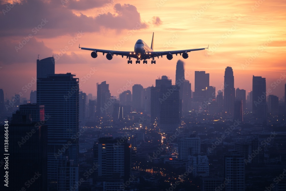 Airplane approaching city skyline during stunning sunset. Airplane approaching city skyline during stunning sunset.