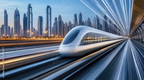 Skyscrapers rise against a darkening sky, illuminated by city lights while cars move swiftly on glowing highways below