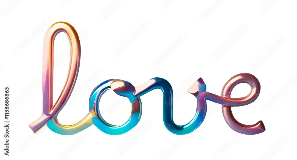 3D chrome element in Y2K style, isolated background, liquid holographic metal. Love, word written in a rainbow colors, spiral shape, shiny surface. 3D chrome element in Y2K style, isolated background, liquid holographic metal. Love, word written in a rainbow colors, spiral shape, shiny surface.