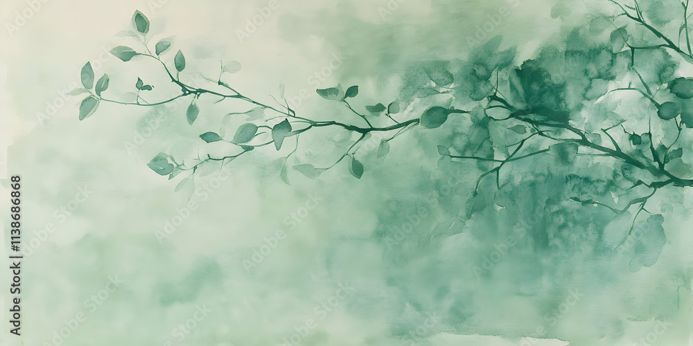 Abstract green watercolor with hand-drawn branches and leaves Abstract green watercolor with hand-drawn branches and leaves