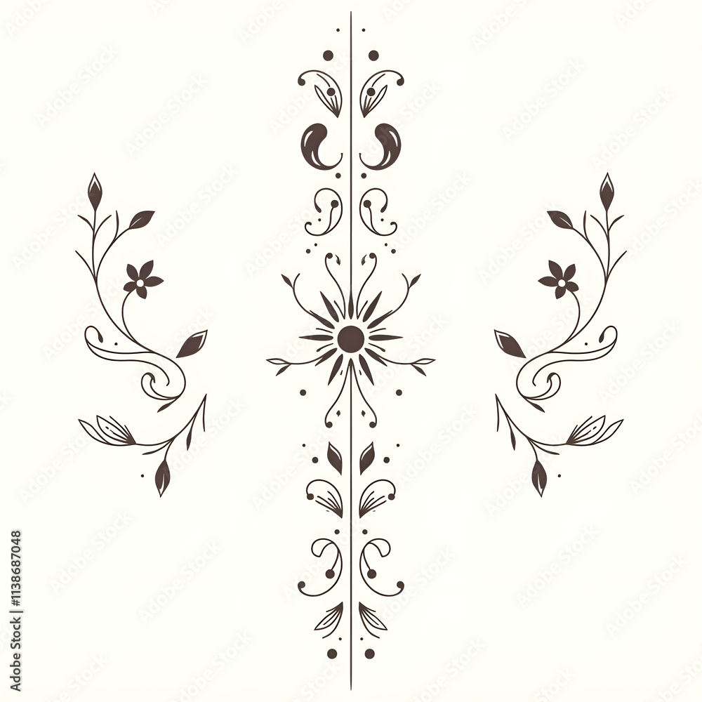 Fototapeta premium Symmetrical Art Nouveau Floral Design in Dark Brown for Decorative Pattern