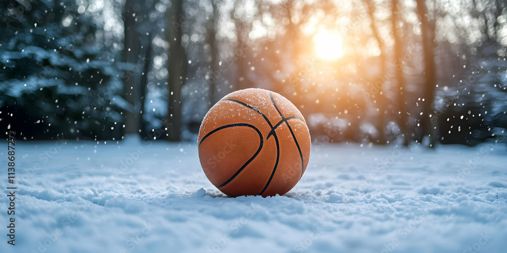 Basketball placed on snowy ground in a winter-themed outdoor setting Basketball placed on snowy ground in a winter-themed outdoor setting