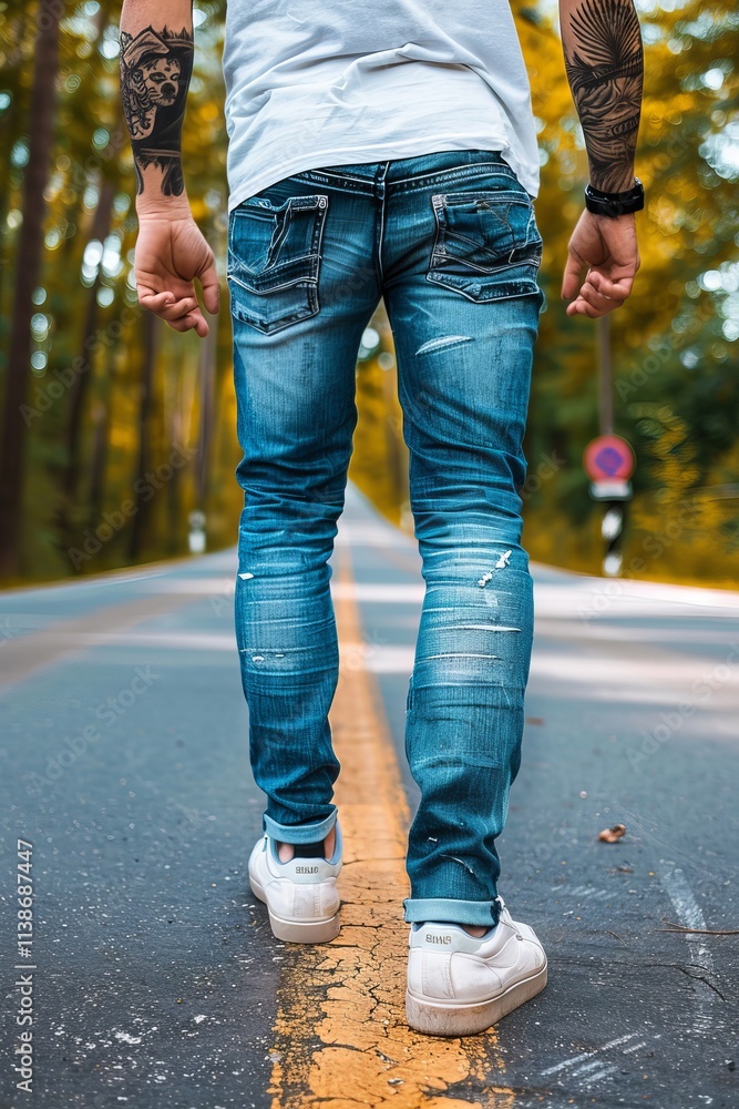 A young man of Hispanic descent walks down a deserted road, wearing distressed jeans and white sneakers, surrounded by a lush, colorful forest. A young man of Hispanic descent walks down a deserted road, wearing distressed jeans and white sneakers, surrounded by a lush, colorful forest.