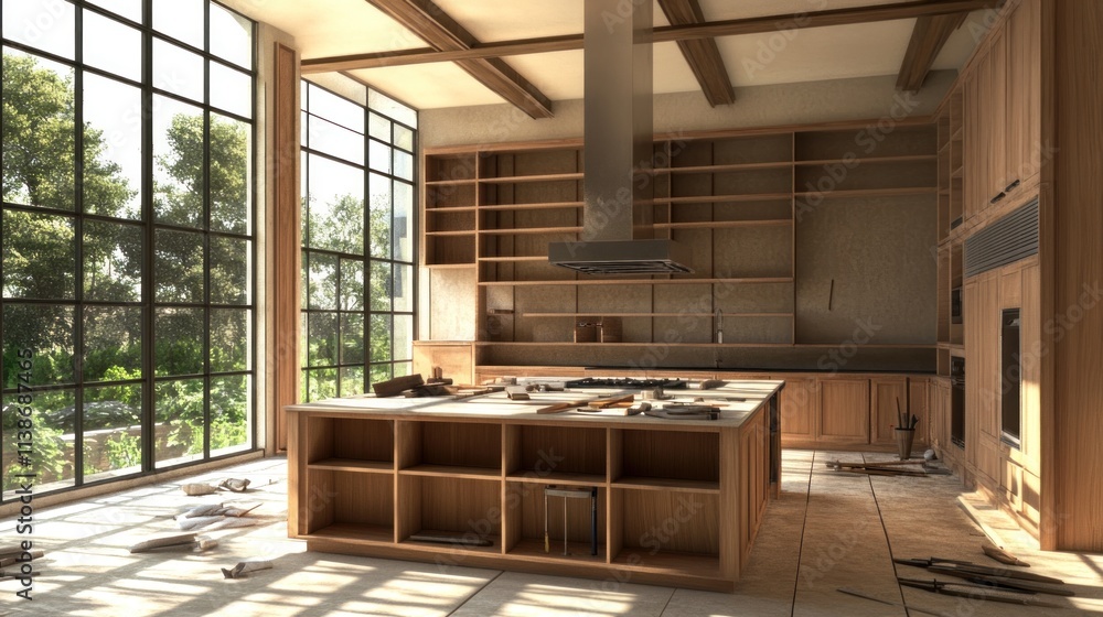 Unfinished wood kitchen, large windows, tools scattered on the counter. Unfinished wood kitchen, large windows, tools scattered on the counter.