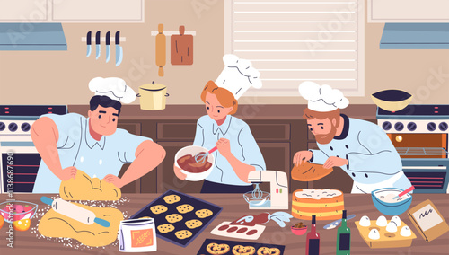 Confectioners kitchen. Pastry chef cook in uniform making wedding or birthday cake, professional confectioner confectionery decorating cooking process, classy vector illustration