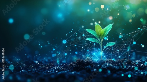 Young green plant sprouting in digital environment. Futuristic growth concept with glowing network connections. Technology and nature fusion for biotechnology and innovation