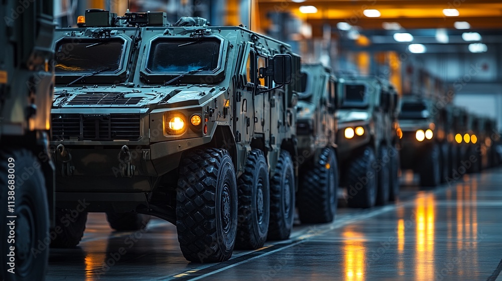 army vehicles lined up in a warehouse. army vehicles lined up in a warehouse.