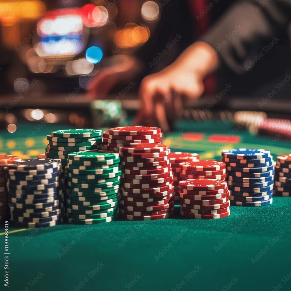 A close-up vibrant image of green casino table with roulette, with the hands of croupier and multicolored chips. A close-up vibrant image of green casino table with roulette, with the hands of croupier and multicolored chips.
