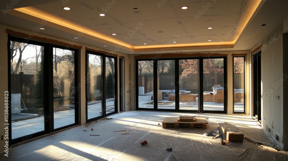 Room under construction, large windows, sunlight. Room under construction, large windows, sunlight.
