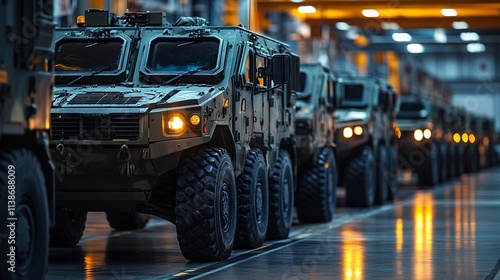 army vehicles lined up in a warehouse.