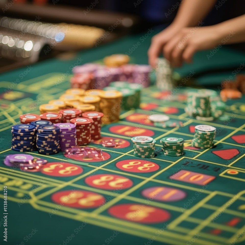 A close-up vibrant image of green casino table with roulette, with the hands of croupier and multicolored chips. A close-up vibrant image of green casino table with roulette, with the hands of croupier and multicolored chips.