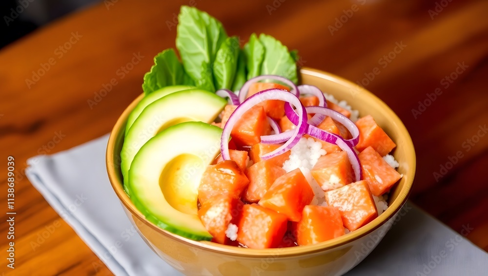 Delicious Poke Bowl with Avocado Rice and Red Onion Delicious Poke Bowl with Avocado Rice and Red Onion