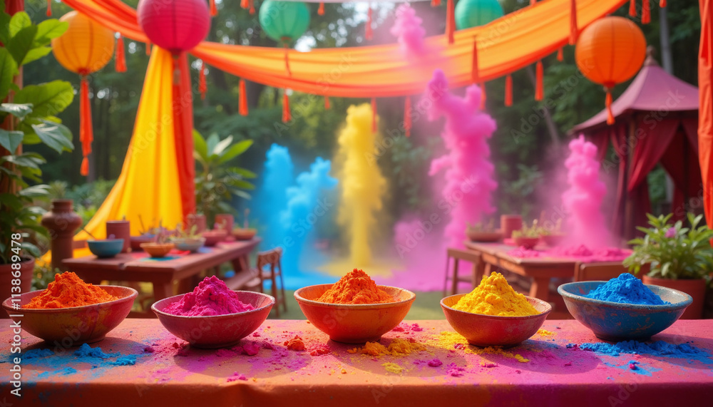 Fototapeta premium Vibrant Holi celebration setup with colorful powders and decor
