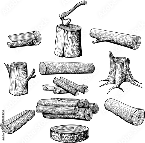 Firewood pile ink sketch