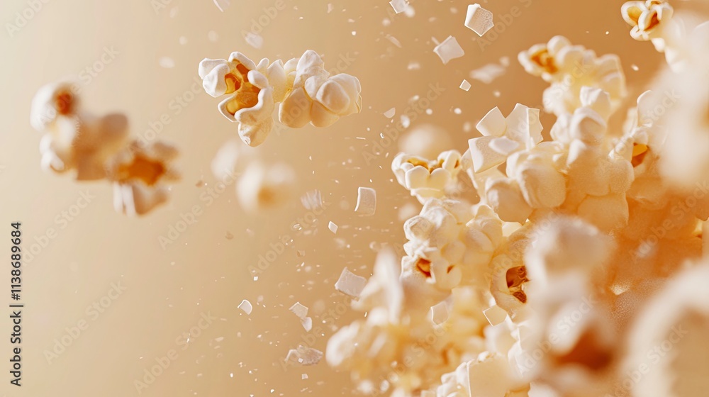 Tasty fresh popcorn flying on beige background Tasty fresh popcorn flying on beige background