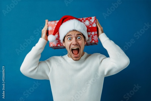 Isolated white white adult human man in red festive hat with festive time box in hands, on blue background. Copy space. Blue christmas lights. Studio holiday setup. Studio lighting christmas. photo