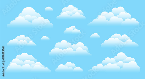 White fluffy cloud clusters on blue sky. Transparent clouds perfect for any background color. Light calm atmosphere soft puffy shapes floating in clear bright sky. Cartoon smooth rounded silhouettes