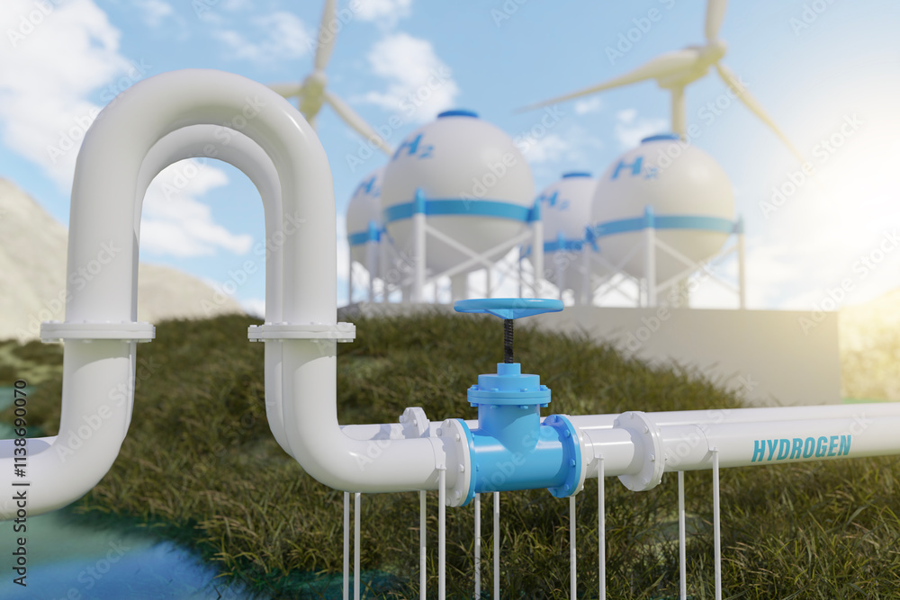 Hydrogen fuel gas tank and pipeline at the station with blue sky sunny background, renewable energy concept, 3d rendering. Hydrogen fuel gas tank and pipeline at the station with blue sky sunny background, renewable energy concept, 3d rendering.