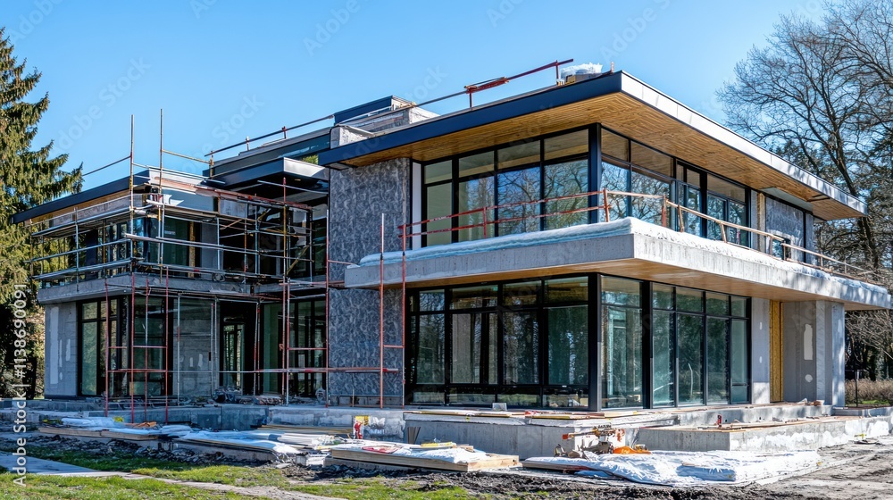 Modern house under construction with scaffolding, blue sky background. Modern house under construction with scaffolding, blue sky background.