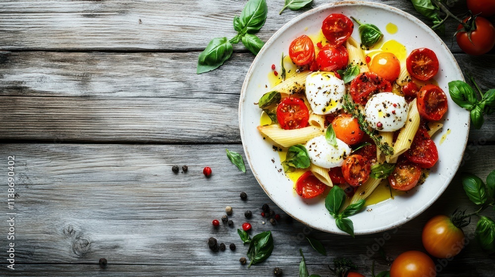 Pasta salad with tomatoes and mozzarella, overhead view, on a wood table. Pasta salad with tomatoes and mozzarella, overhead view, on a wood table.