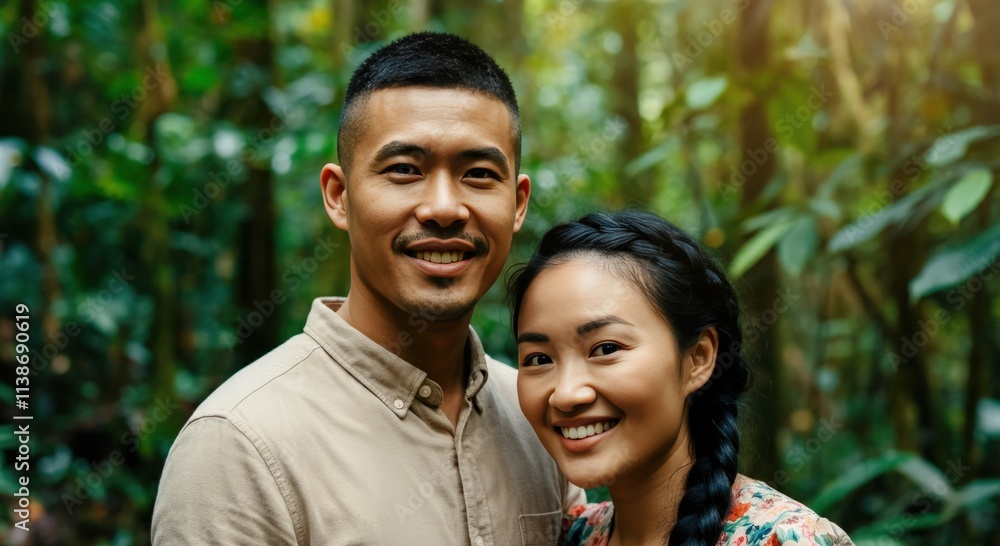 Smiling asian couple in lush green jungle for nature-themed projects Smiling asian couple in lush green jungle for nature-themed projects