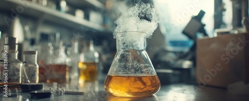 Steaming amber liquid in flask with other laboratory glassware.