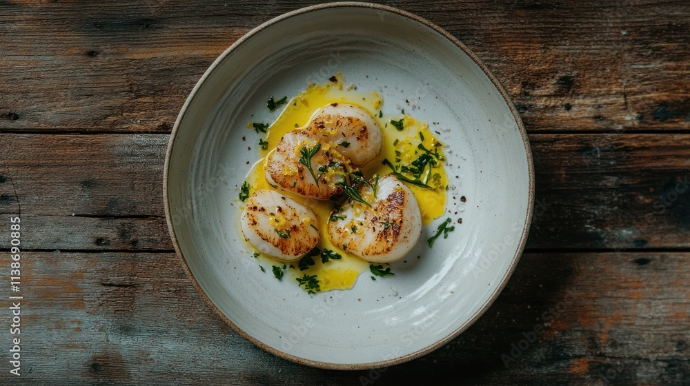 Cooked scallops with herb sauce on a rustic table. Cooked scallops with herb sauce on a rustic table.