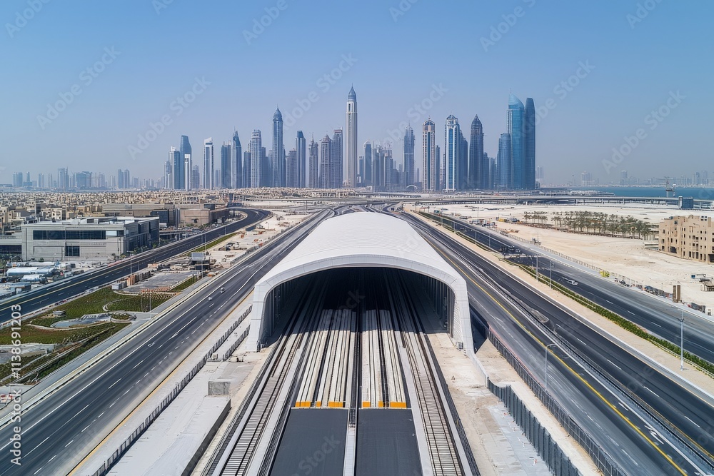 Fototapeta premium Elevated view of modern highway leading into tunnel with dubai skyline in background.