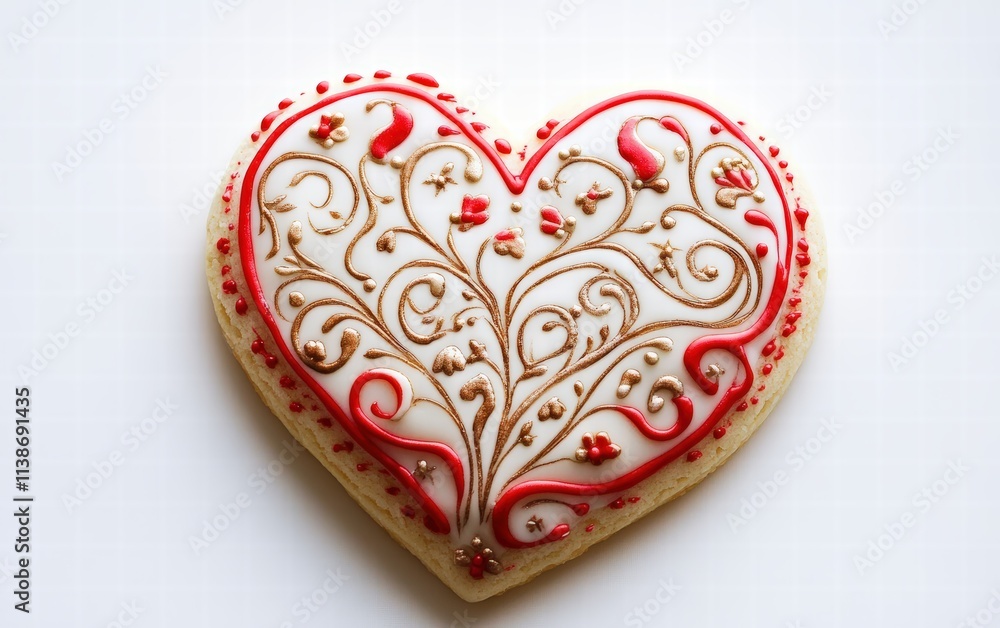 A beautifully decorated heart-shaped sugar cookie with intricate icing patterns, festive for Valentines Day, on a bright white background A beautifully decorated heart-shaped sugar cookie with intricate icing patterns, festive for Valentines Day, on a bright white background